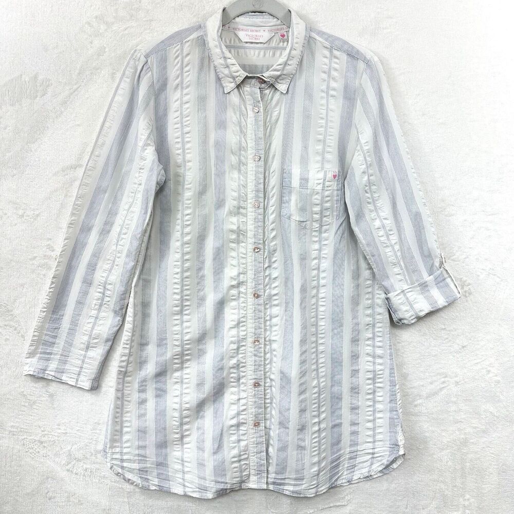 Victoria's Secret Button-Up Collared Shirt Womens M Roll-Tab Striped White Blue